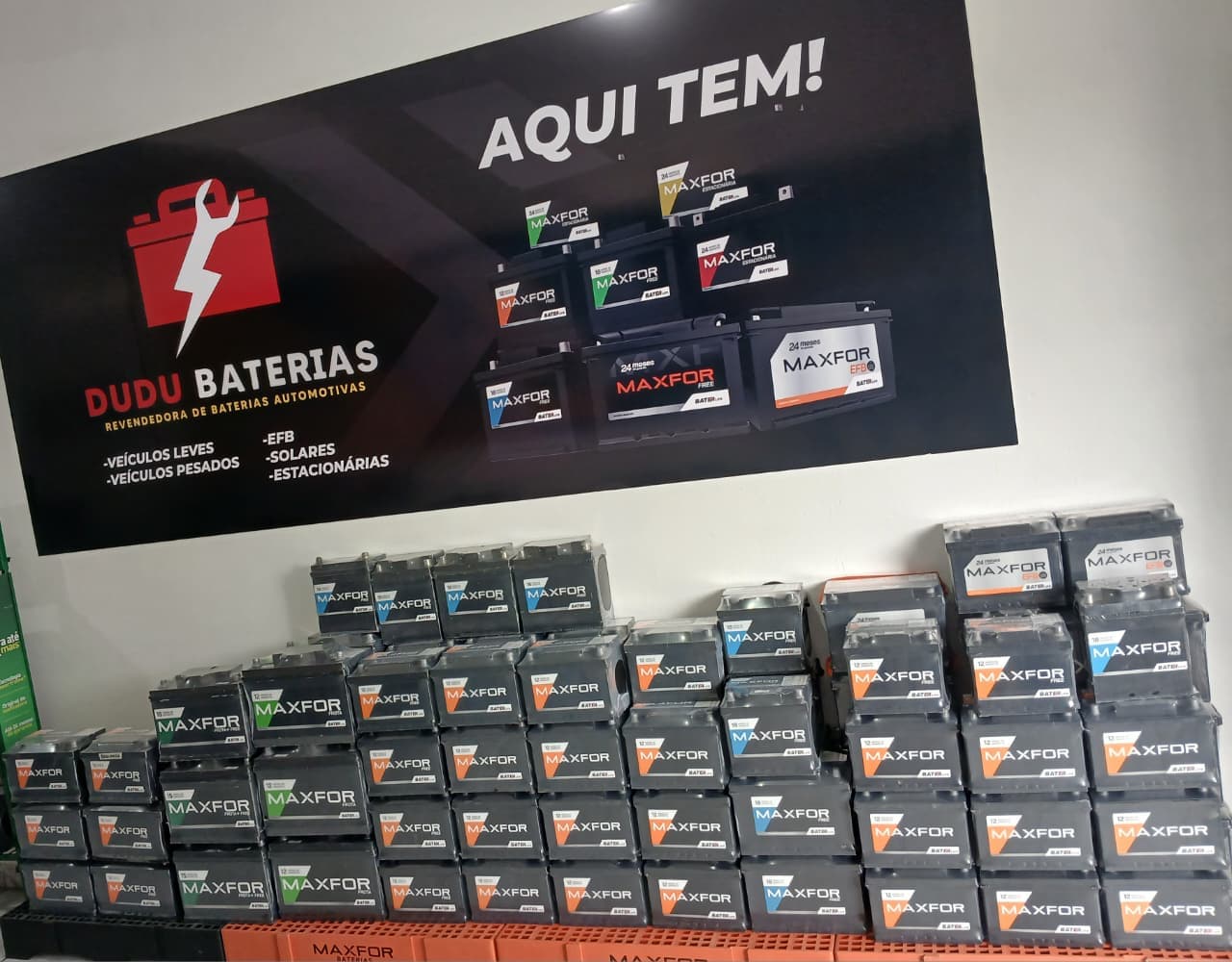 Estoque de baterias Maxfor na Dudu Baterias, com linhas para veículos leves, pesados, EFB, solares e estacionárias